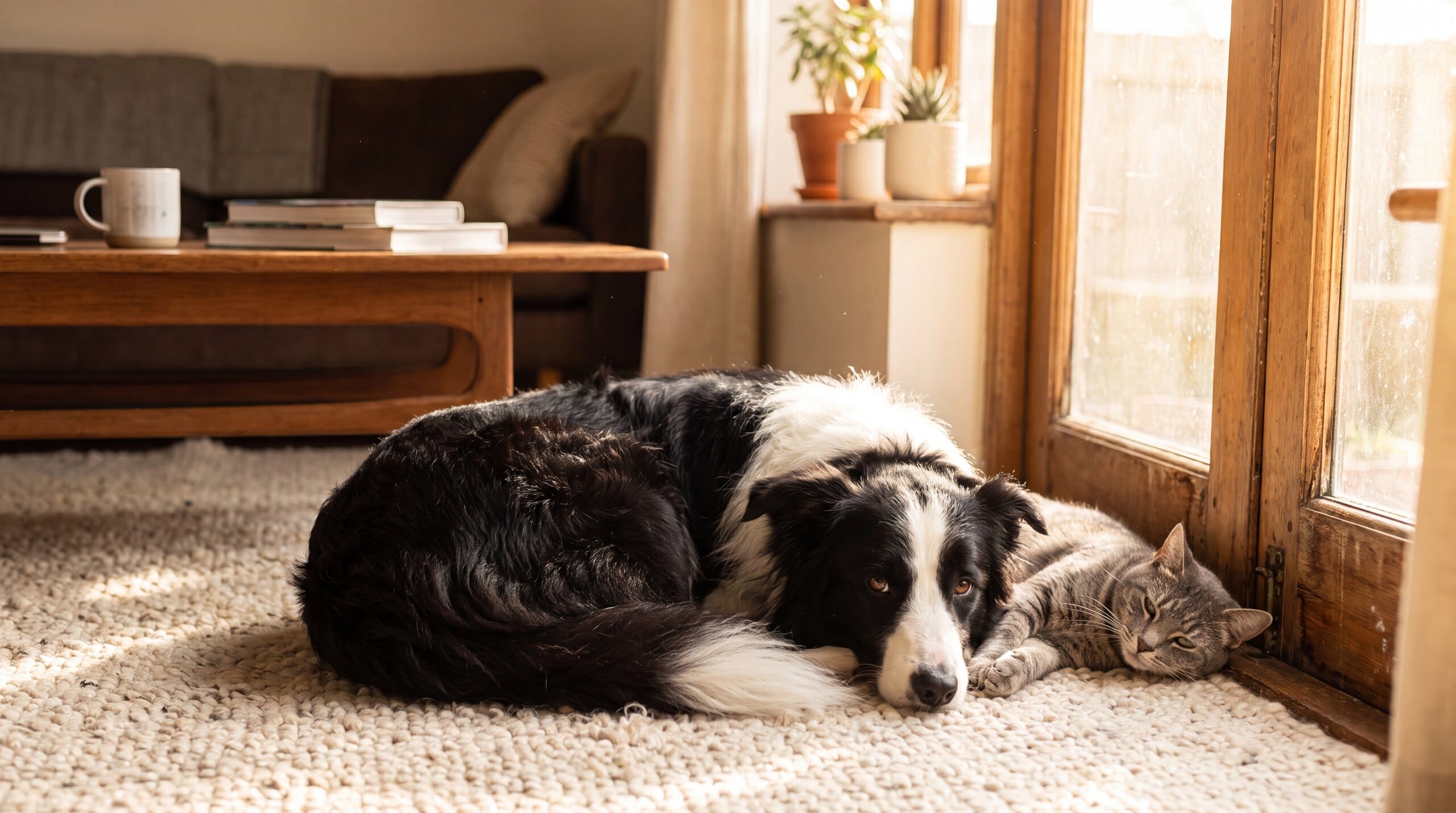 A dog and cat resting together in a sunny room