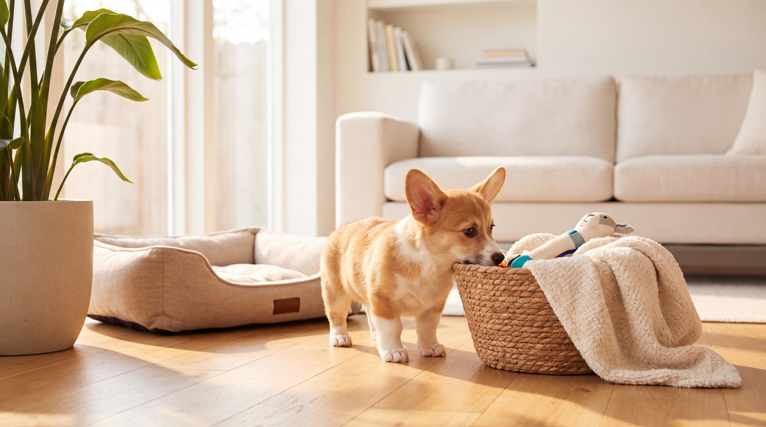 A new pet settling into a prepared room with a bed, water, and familiar supplies