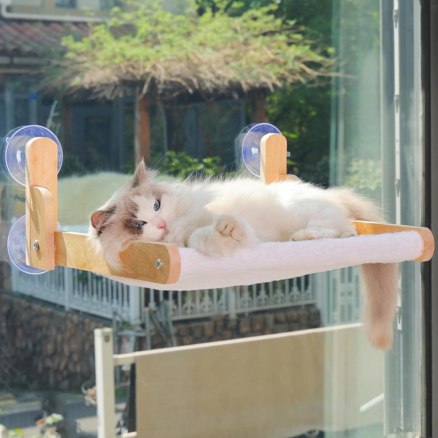 Aloxina Cat Window Perch with Wooden Frame, Foldable Hammock Bed with Soft Cover and Strong Suction Cups