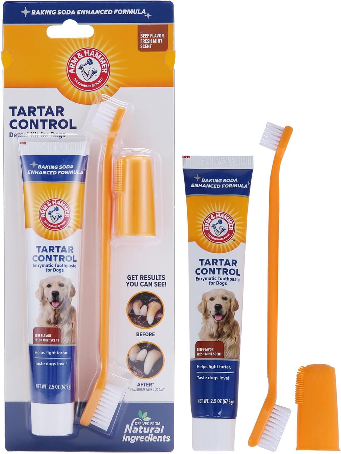 Arm & Hammer for Pets Tartar Control Dog Dental Kit, Toothpaste with Toothbrush and Fingerbrush, Beef Flavor, 3-Piece