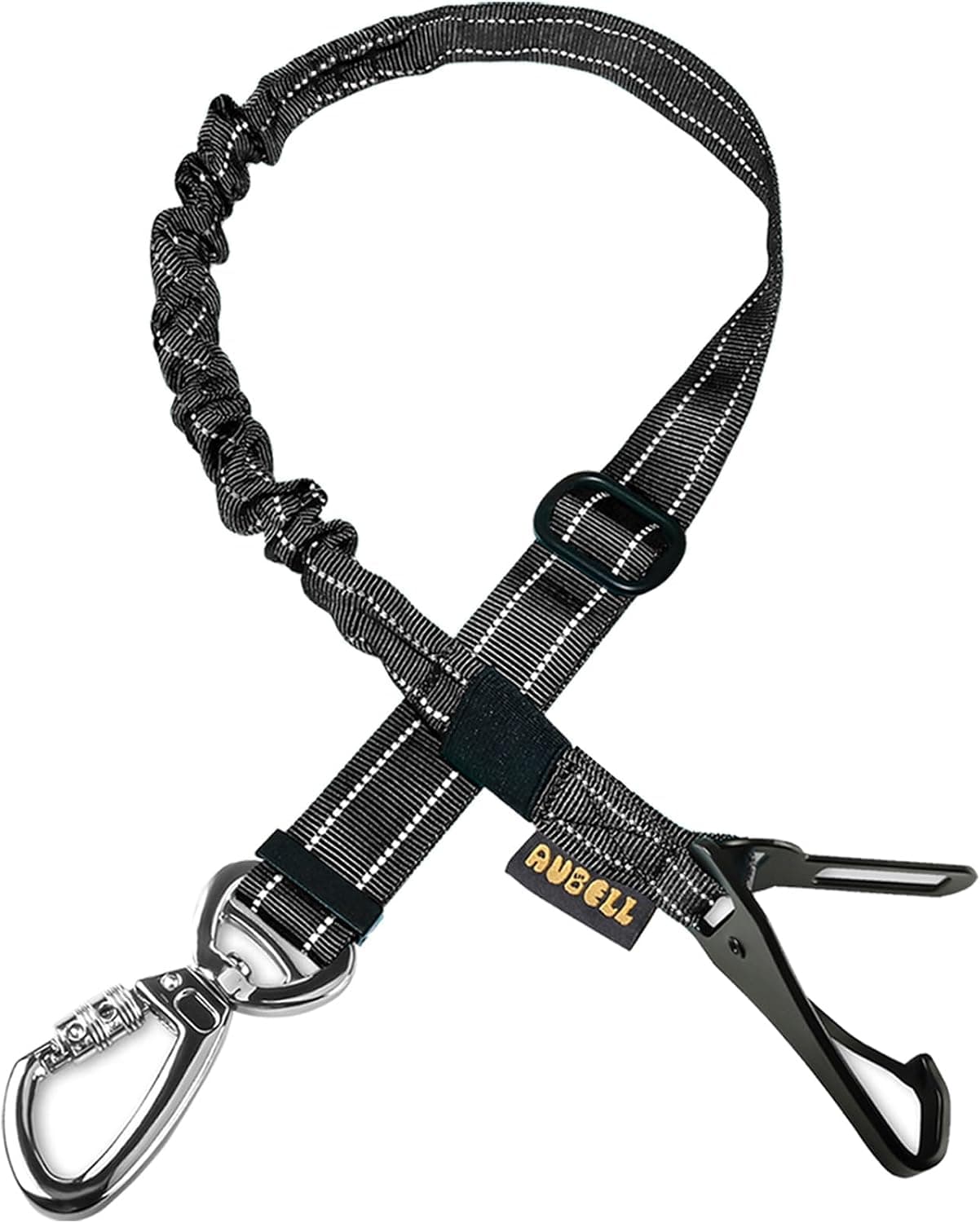AUBELL Dog Seat Belt for Car, 3-in-1 Adjustable Reflective Bungee Heavy Duty Tether with Clip Hook, Latch & Buckle, Swivel Zinc Alloy Carabiner, Black