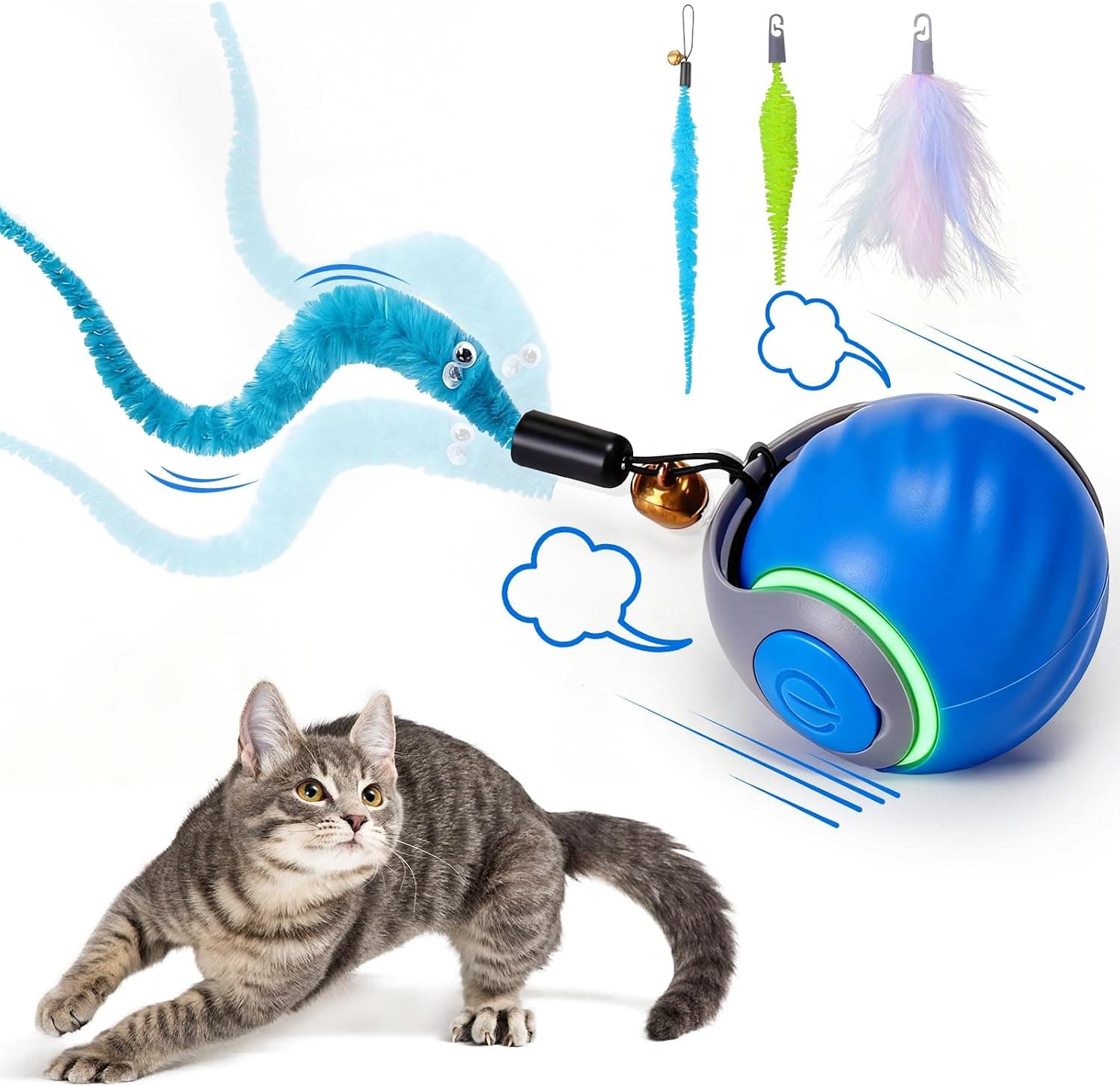 BABORUI Automatic Interactive Cat Toy Ball with 3 Tails and 2 Speeds, Rechargeable Enrichment Toy