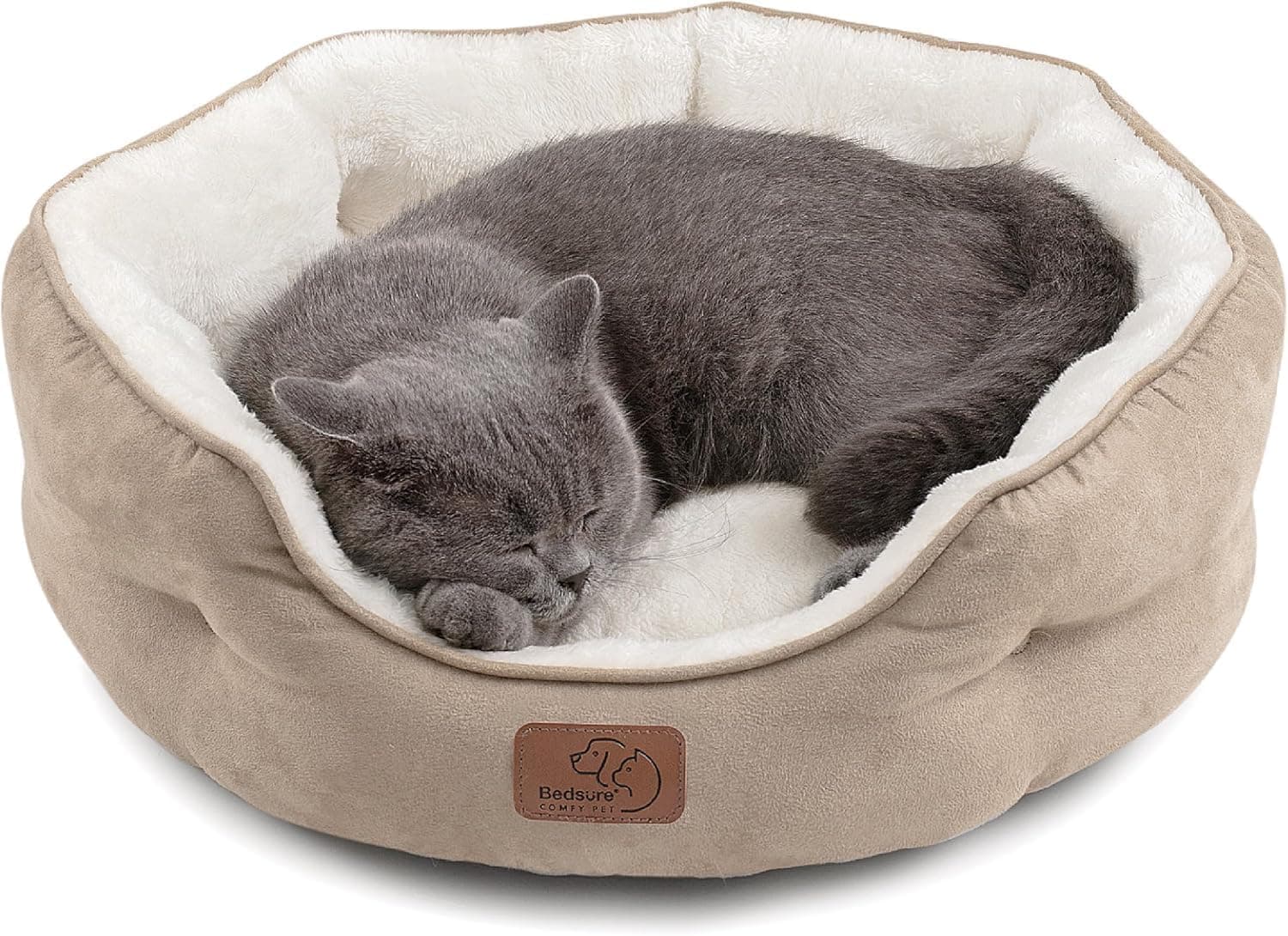 Bedsure Round Cat Bed for Indoor Cats, 20 inch, Soft Plush Washable Pet Bed with Anti-Slip Bottom