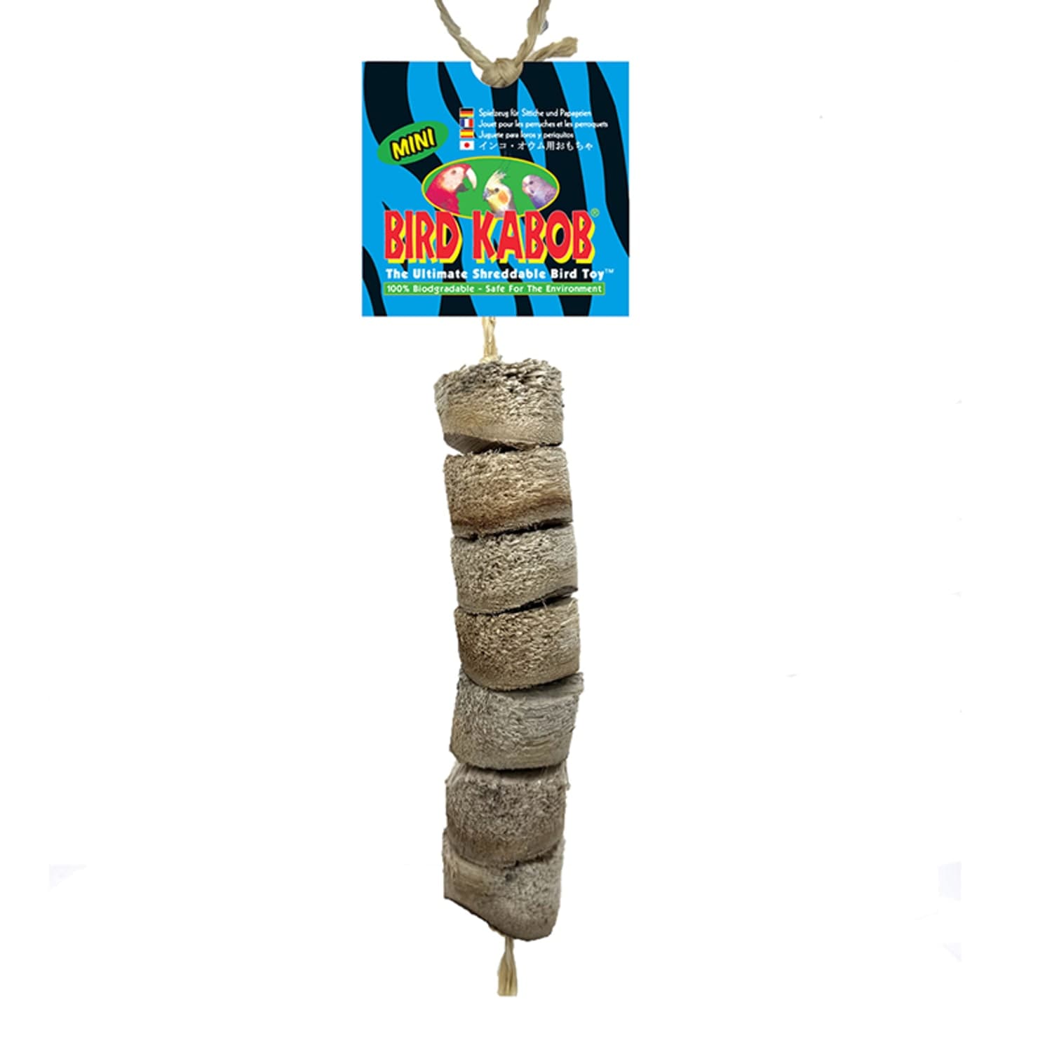 Bird Kabob Mini with seven soft wood discs hanging below its blue product tag