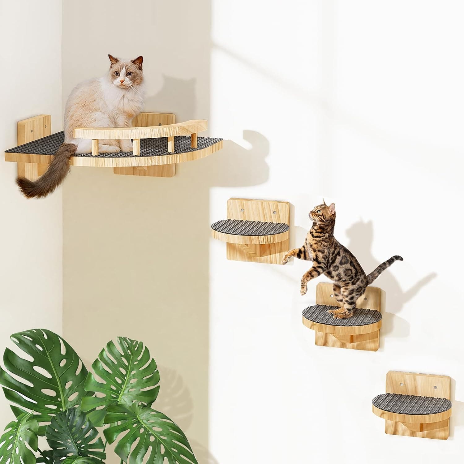 Chuiendi Cat Wall Shelves with 3 Steps, Wooden Cat Wall Furniture up to 15 lbs, Floating Stairs for Small and Medium Cats with Cozy Perch