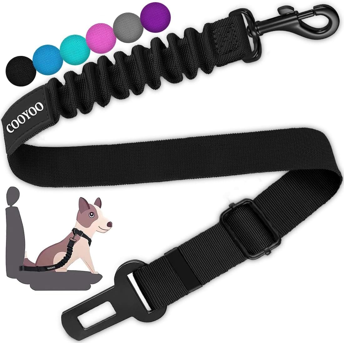COOYOO Dog Seat Belt, Retractable Dog Car Harness Tether, Adjustable Nylon Pet Safety Seat Belt, Heavy Duty & Elastic, 1 Pack Black
