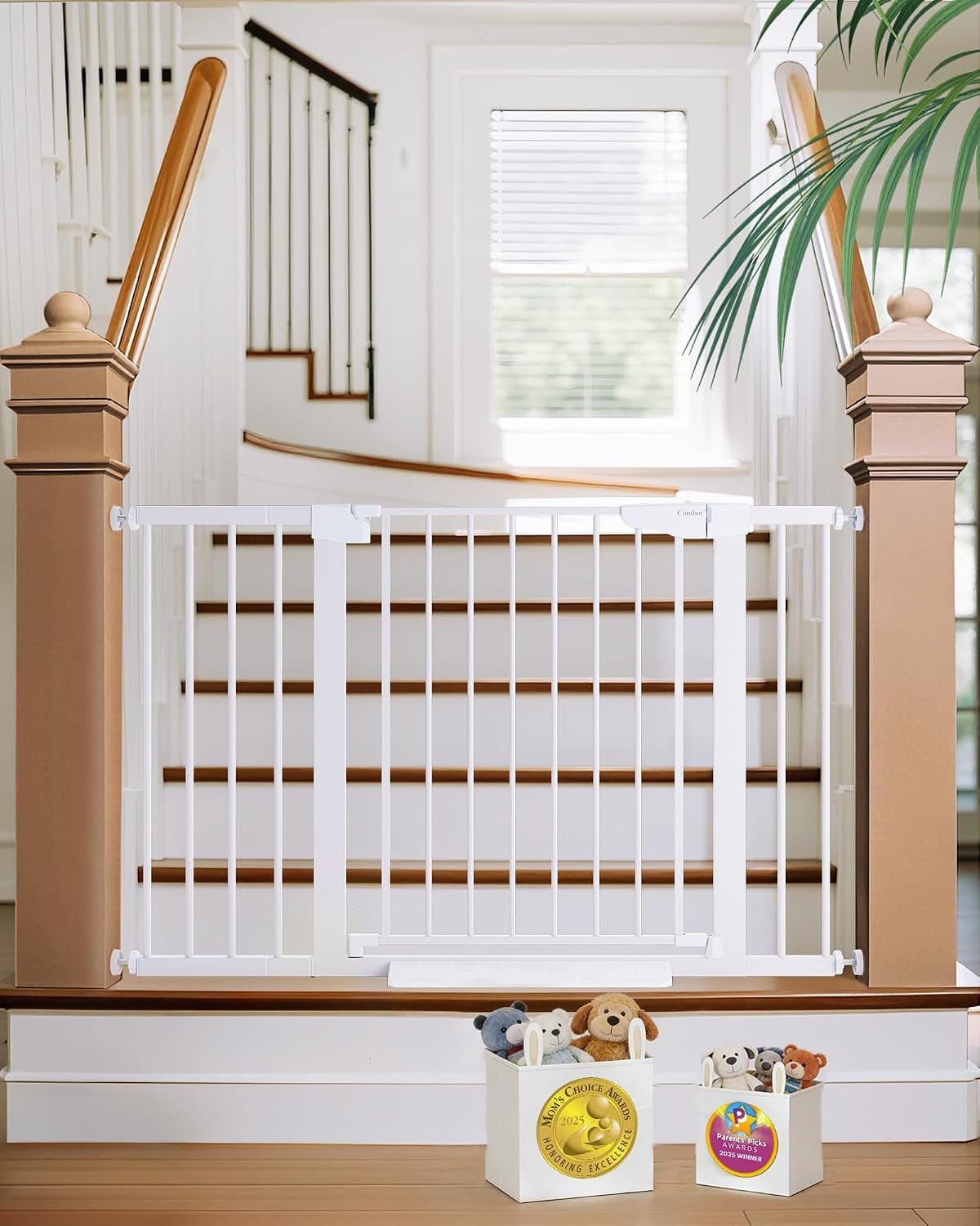 Cumbor 29.7-48" Baby Gate for Stairs, Auto Close Safety Pet Gate for Dogs Indoor, Pressure Mounted Child Gate with Walk Thru Door, White
