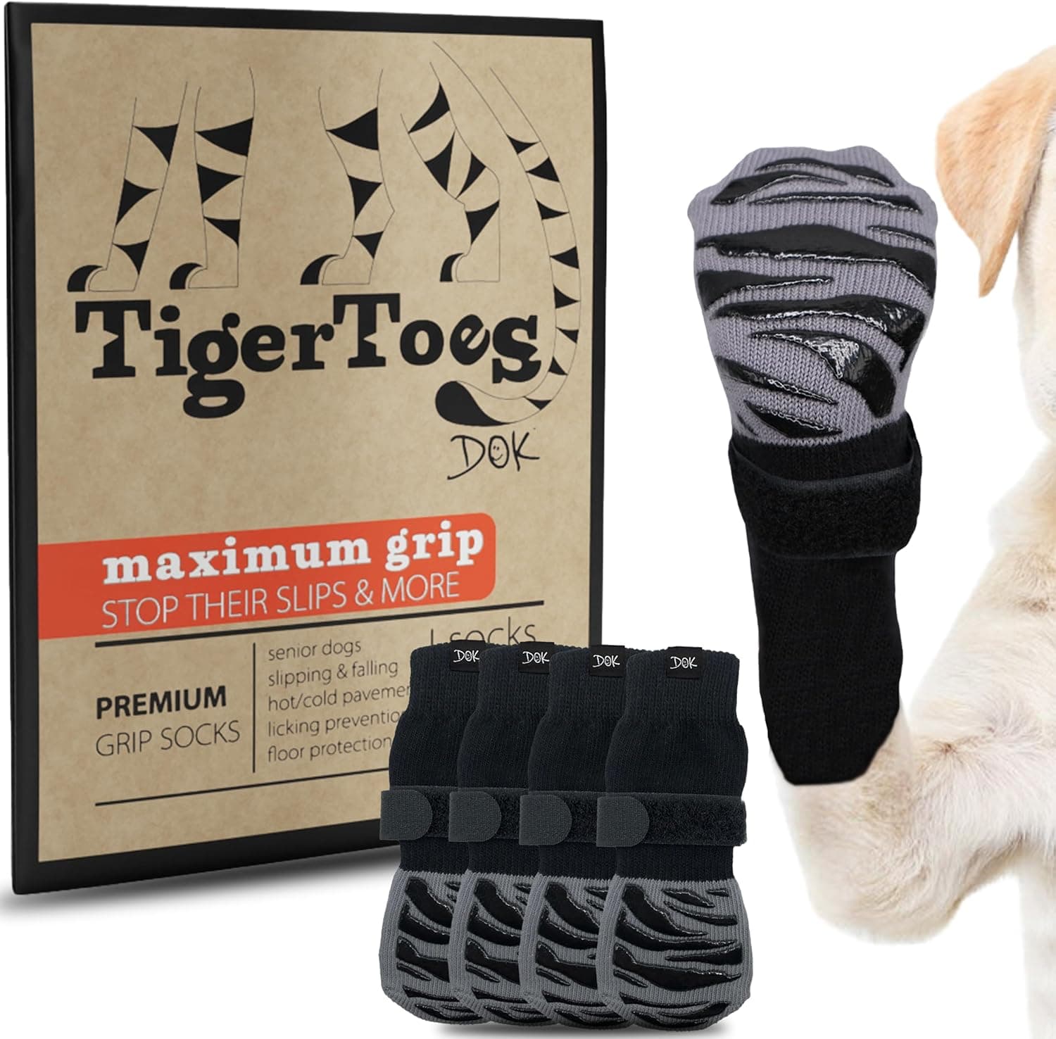 DOK TigerToes Premium Non-Slip Dog Socks for Hardwood Floors, Extra-Thick Grip, Prevents Licking and Slipping, Paw Protection, Size Medium
