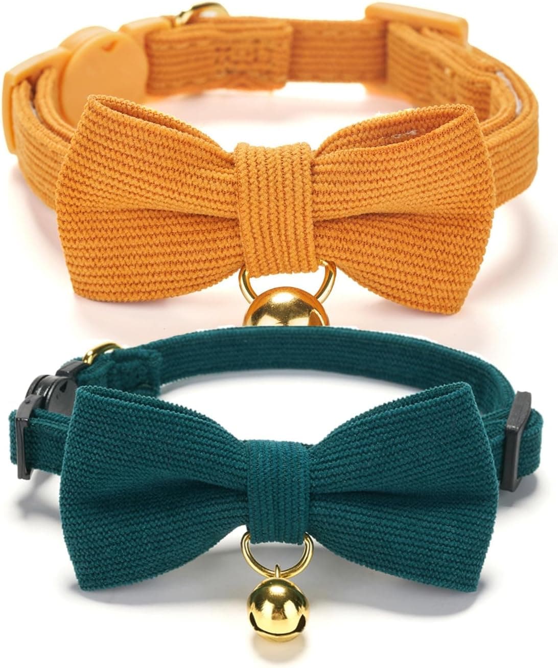 Ewinoom 2 Pack Soft Corduroy Cat Collars with Bow Tie & Bell, Adjustable Breakaway Kitten Bowtie Collar for Girl Boy Cats, Orange & Green