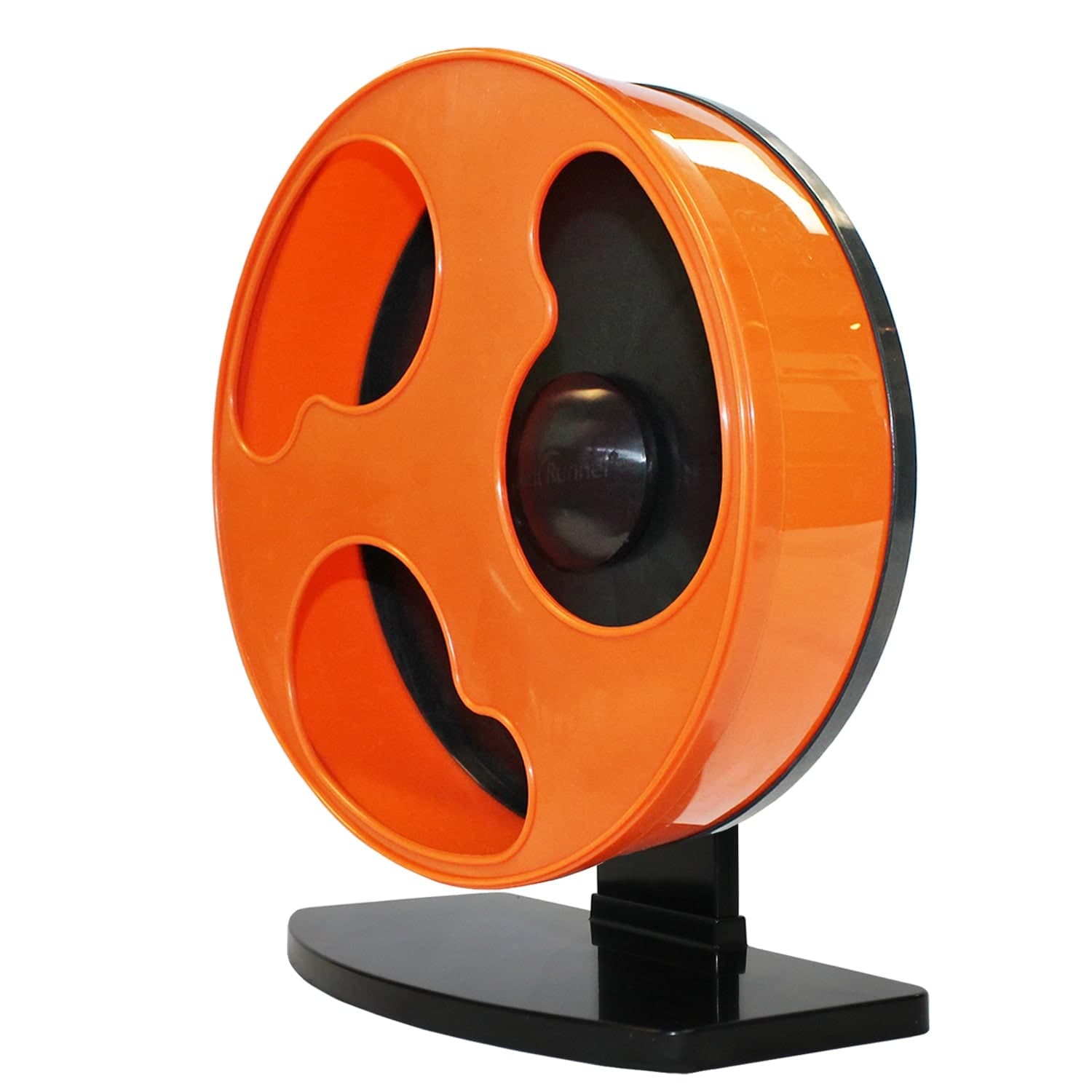 Orange Exotic Nutrition Silent Runner wheel on its black freestanding base