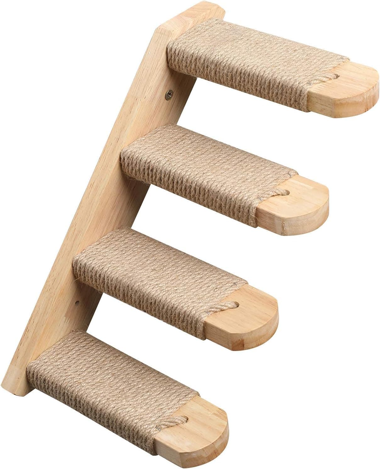 FUKUMARU Cat Climbing Shelf Wall Mounted, Small, Four Step Cat Stair with Natural Jute Scratching, Solid Rubber Wood, Kitten Shelves Furniture