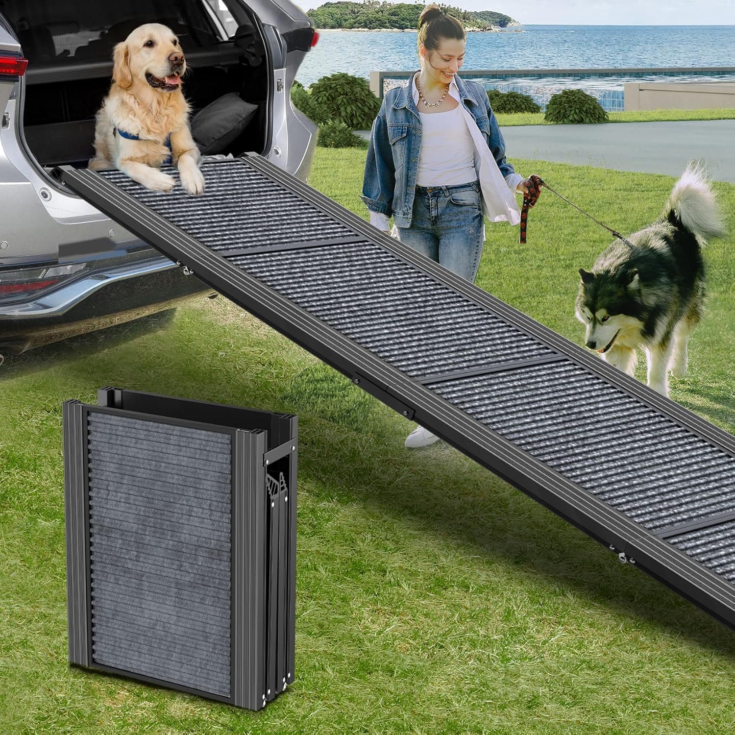 Upgraded Dog Ramp for Car, 71" X-Long & 20" Wide Folding Ramp for Large Dogs with Non-Slip Rug Surface, Portable for SUV, Car & Truck, Up to 270 lbs