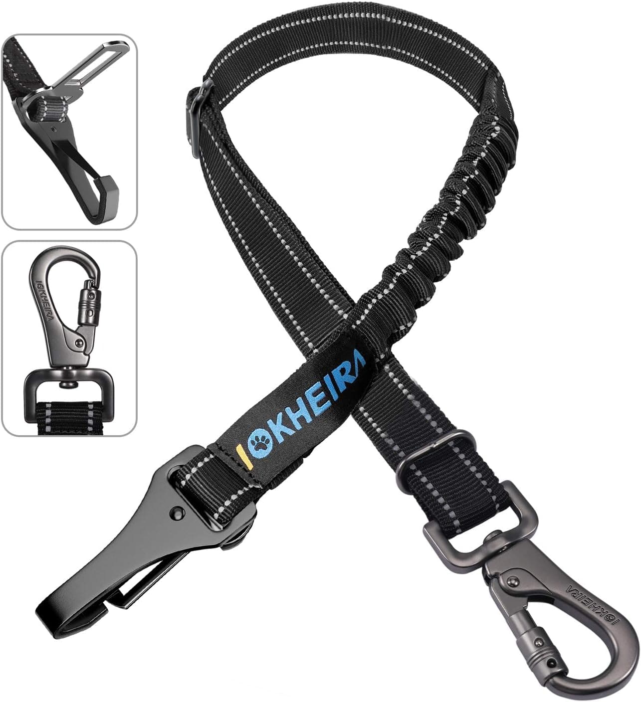 IOKHEIRA Dog Seat Belt 3-in-1 Car Harness Tether, Adjustable Reflective Bungee with Clip Hook, Latch & Buckle, Swivel Zinc Alloy Carabiner, Black