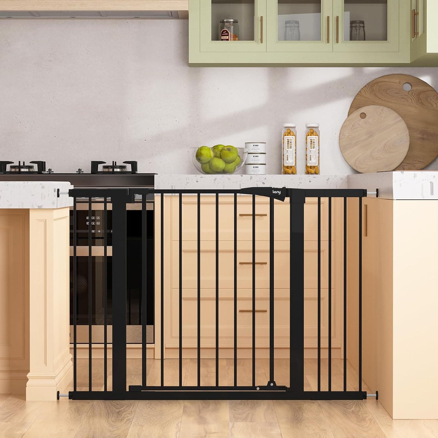keny 29.7-46" Baby Gate for Stairs, Auto Close Dog Gate for Doorways, Pressure Mounted No Drilling Extra Wide, Dual Lock, Black