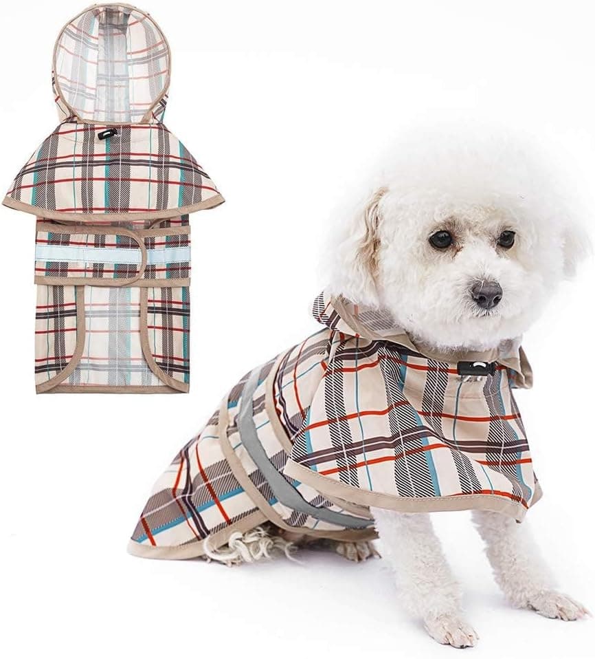 KOOLTAIL Dog Raincoat Hooded Slicker Poncho with Leash Hole, Waterproof Rain Jacket with Reflective Strip, Adjustable Breathable Plaid, Beige