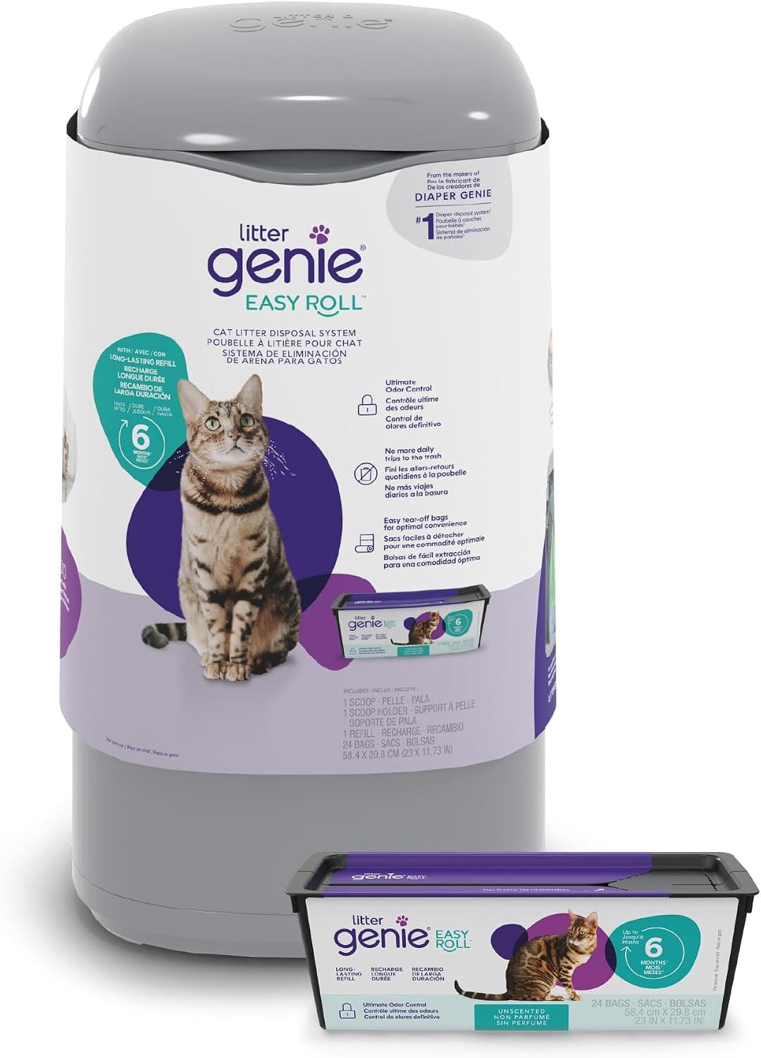 Litter Genie Easy Roll Cat Litter Disposal Pail, Odour Control with Refill Bags & Scoop
