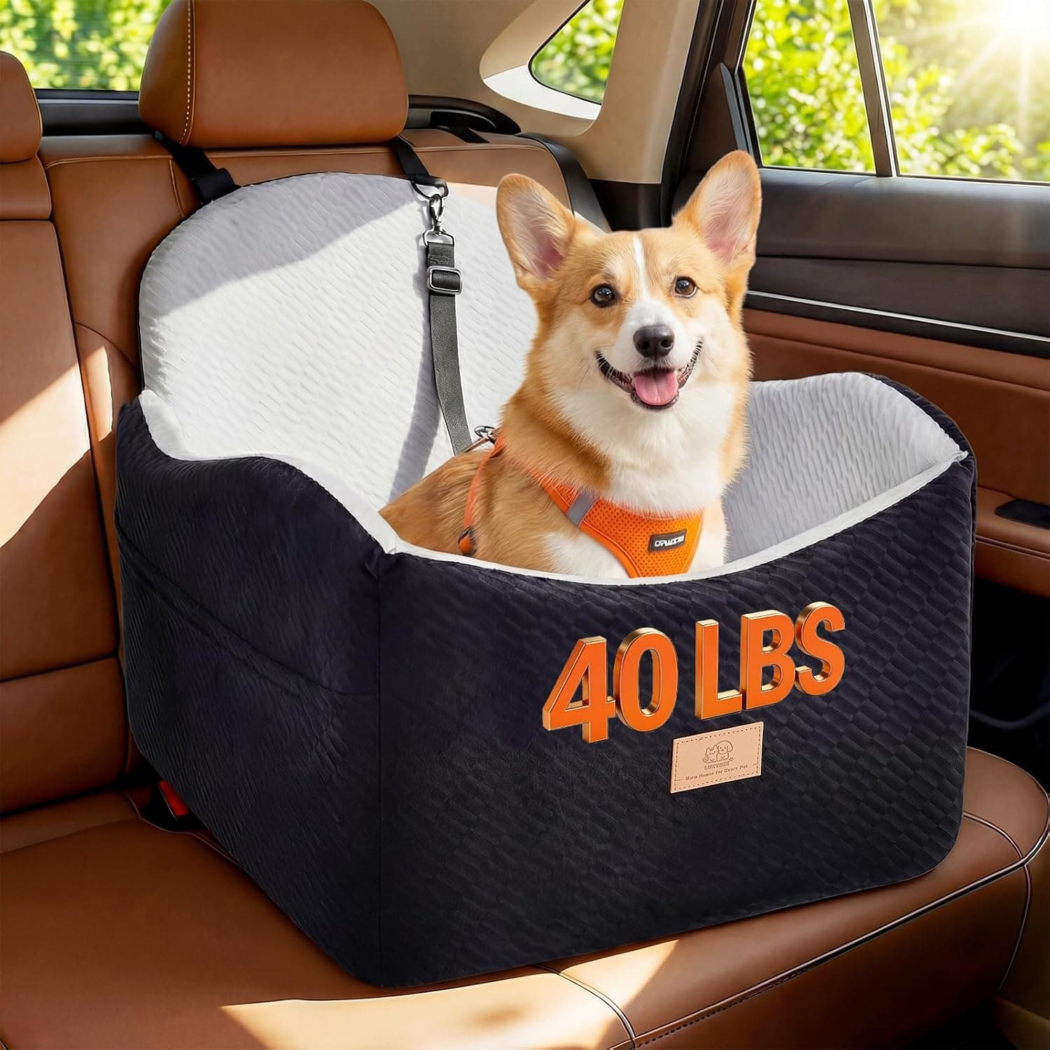 LUXYBEE Dog Booster Car Seat for Small to Medium Dogs up to 40 lbs, Waterproof Layer, Storage Pockets and Safety Belt