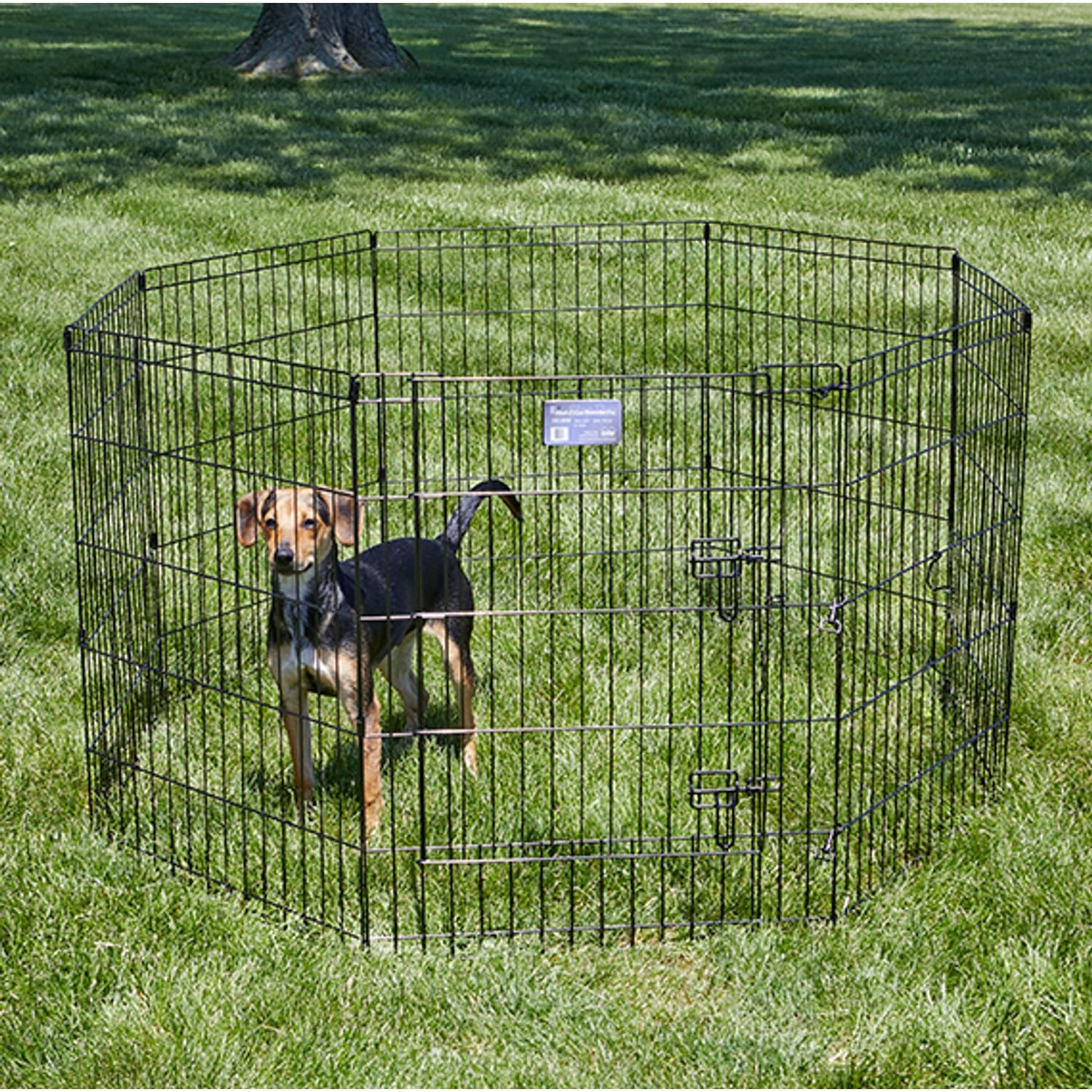 Black MidWest 30-inch exercise pen with eight linked wire panels and a step-through door