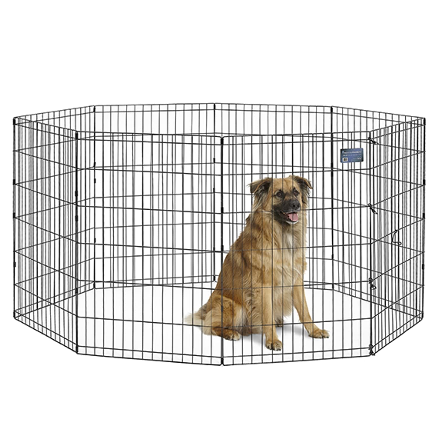 Black MidWest 36-inch exercise pen arranged around a dog for scale