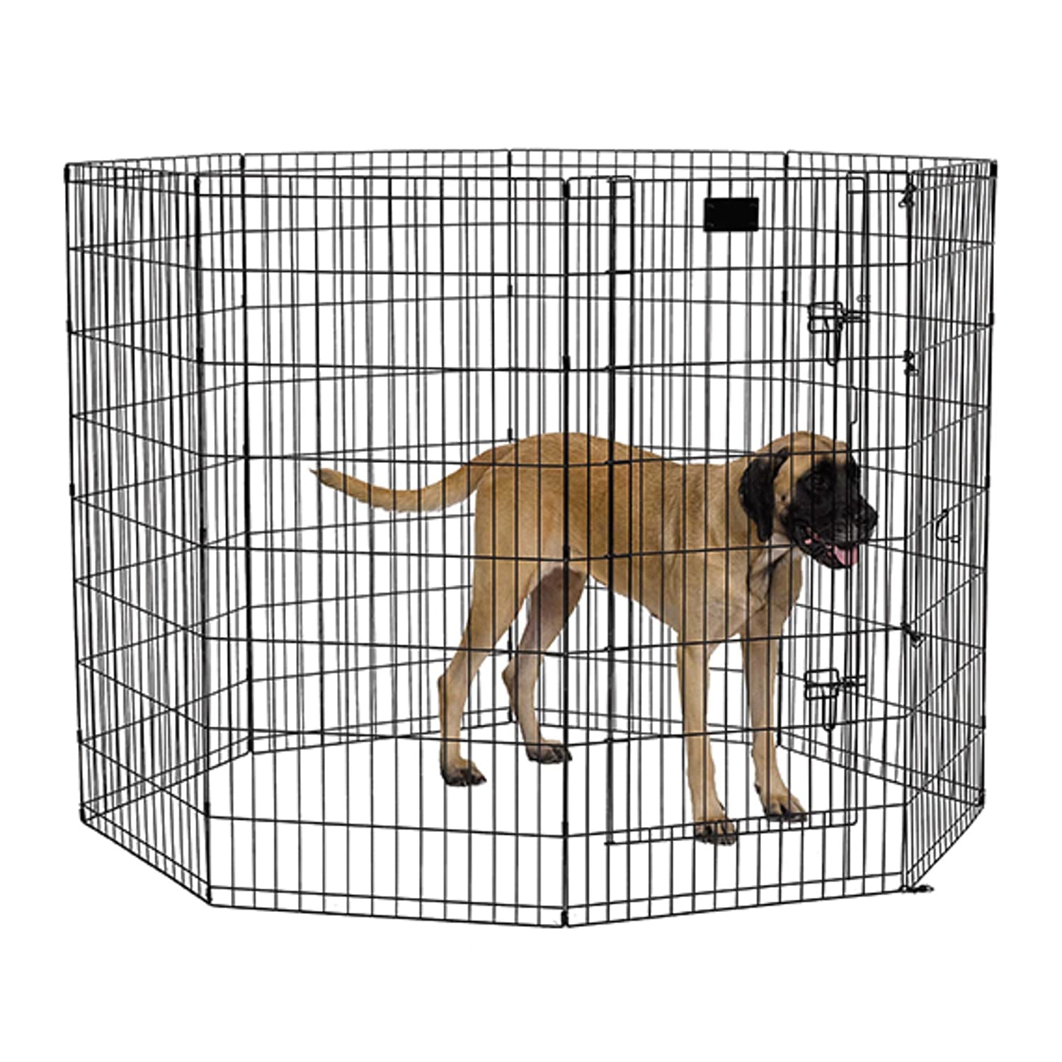 Black MidWest 48-inch exercise pen with eight linked wire panels and a step-through door