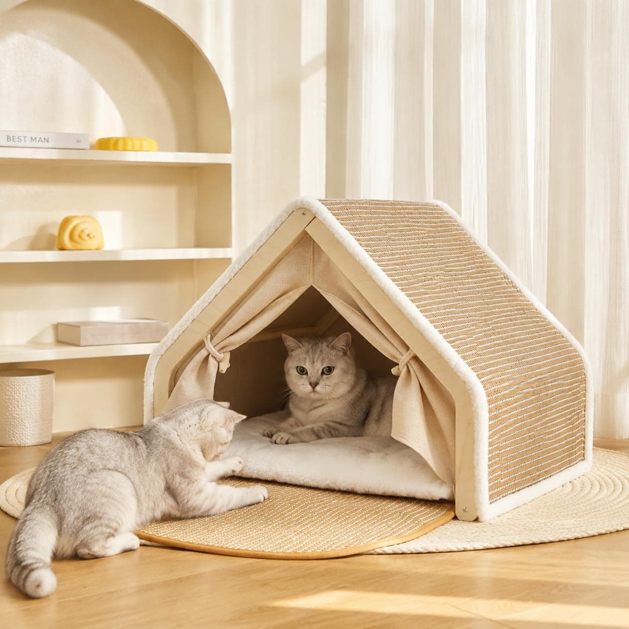 MUZIBAMA Wood Cat House for Indoor Cats, Cat Tent Bed and Hideaway with Scratcher