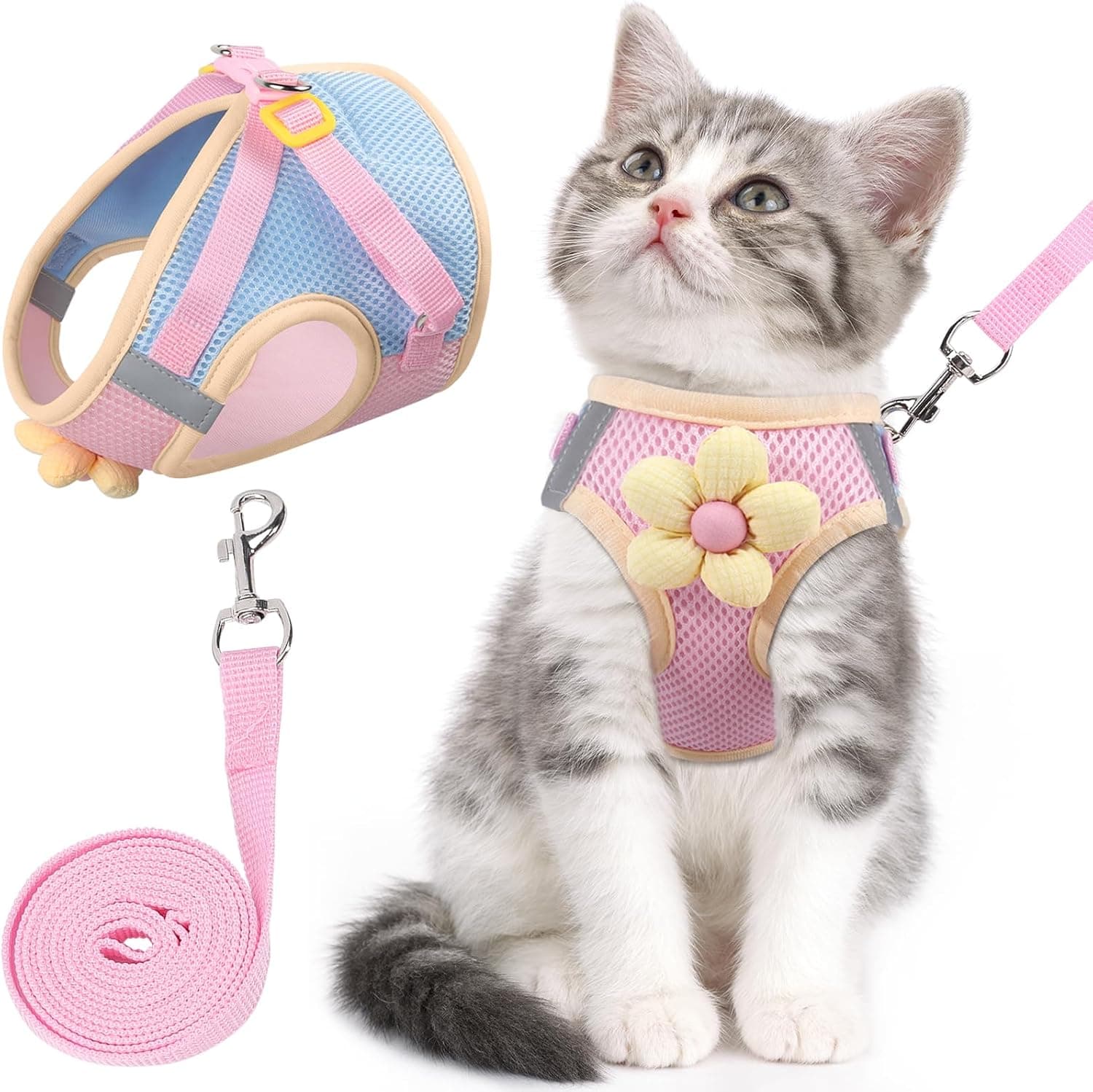 NCMAMA Cat Harness and Leash Set, Escape Proof Adjustable Mesh with Reflective Strips and Flower Accent