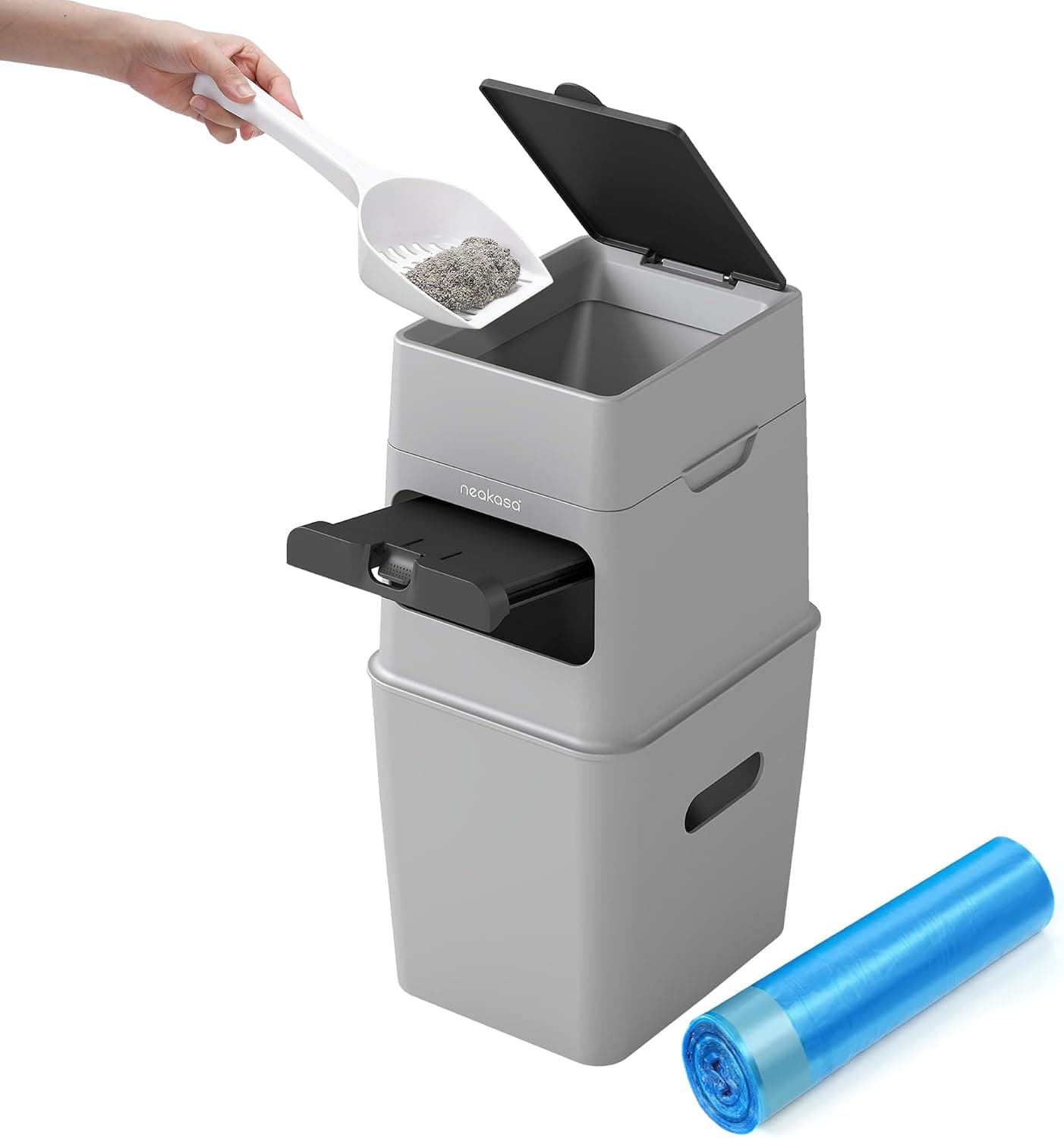 Neakasa PooGuard Litter Disposal Bin, 9.2L Trash Can for Cat Litter and Waste, with Viewing Window, Wider Opening, and 4-Month Refill Bag, Grey
