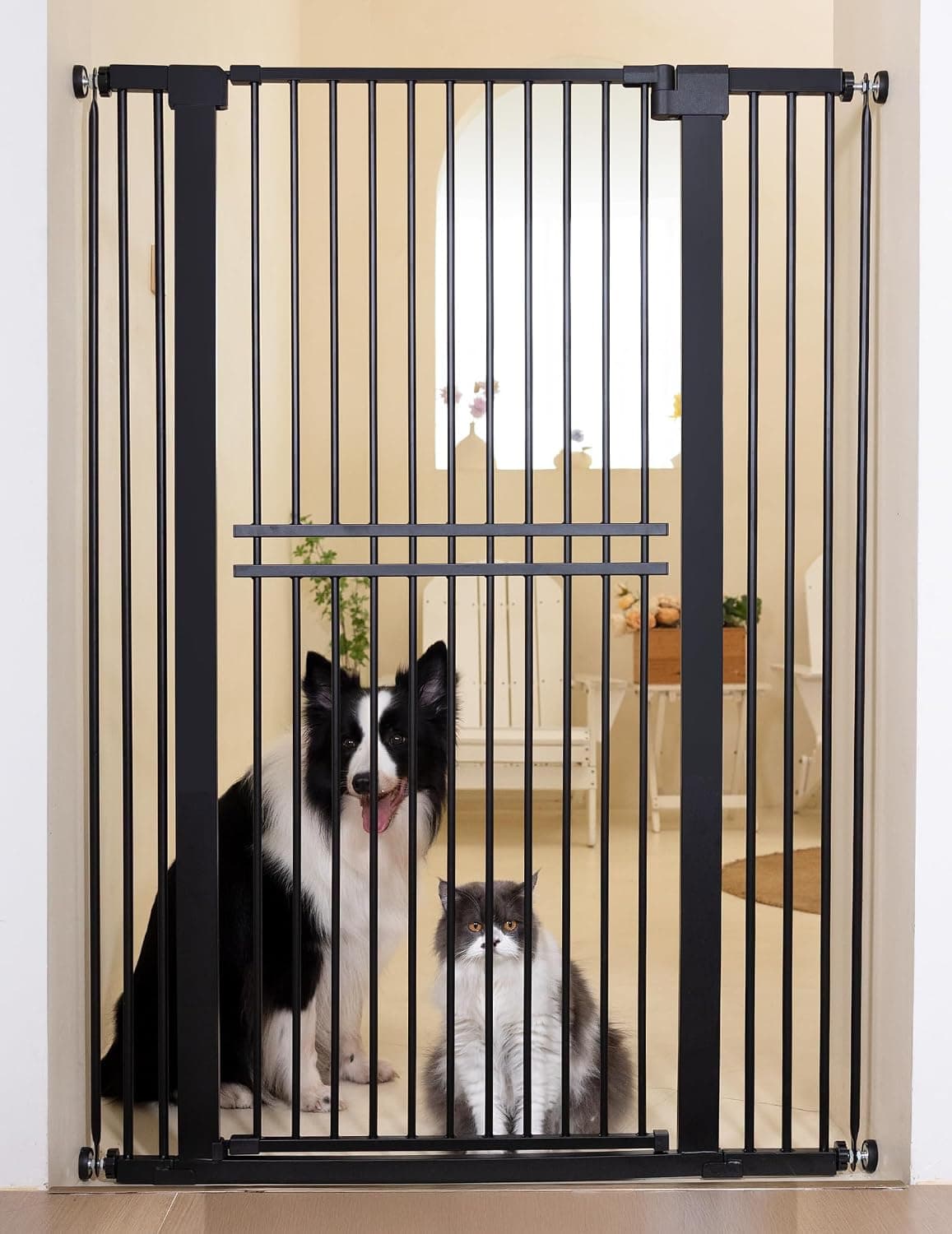 No Pawblems 55" Extra Tall Pet Gate for Cat/Dog, 29-40" Wide Auto Close Dog Gate, 1.37" Ultra Narrow Spacing, No Drilling Pressure Mounted, Black