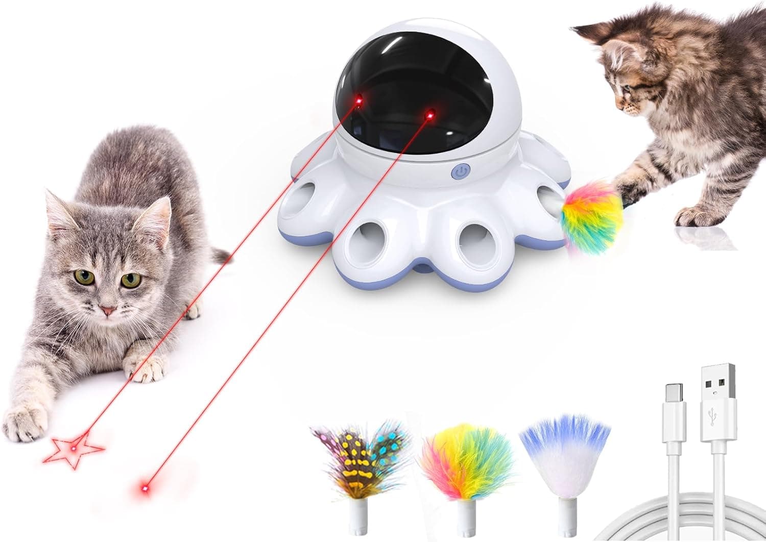 ORSDA Cat Laser Toy, 2-in-1 Interactive Automatic Motion Activated Moving 8 Holes Whack A Mole Feather, USB Rechargeable Smart Sensor Kitten Toy