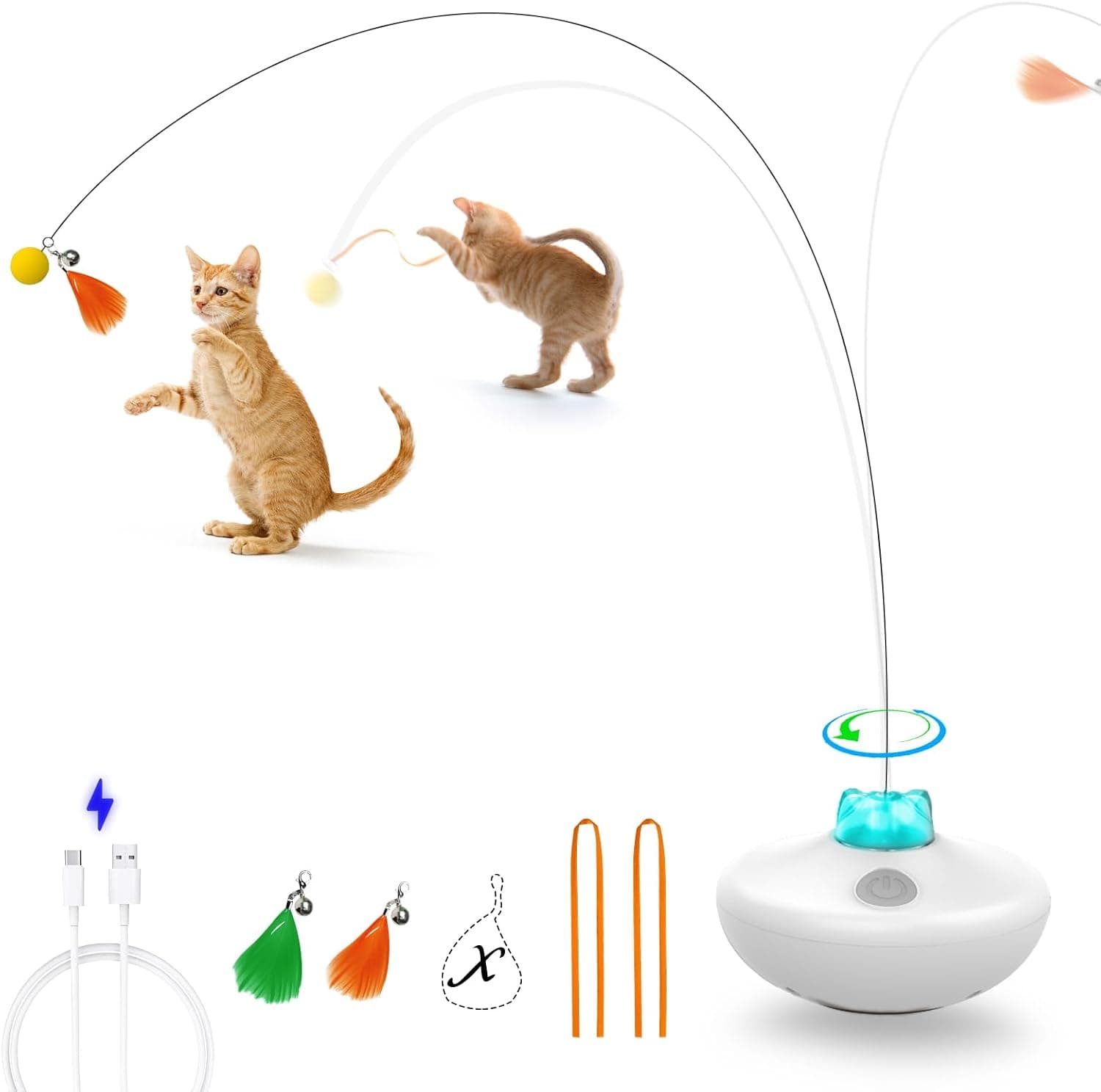 Oxawo Interactive Cat Exercise Tumbler, Rechargeable Spin Butterfly Toy with Extra Long Feather Wand