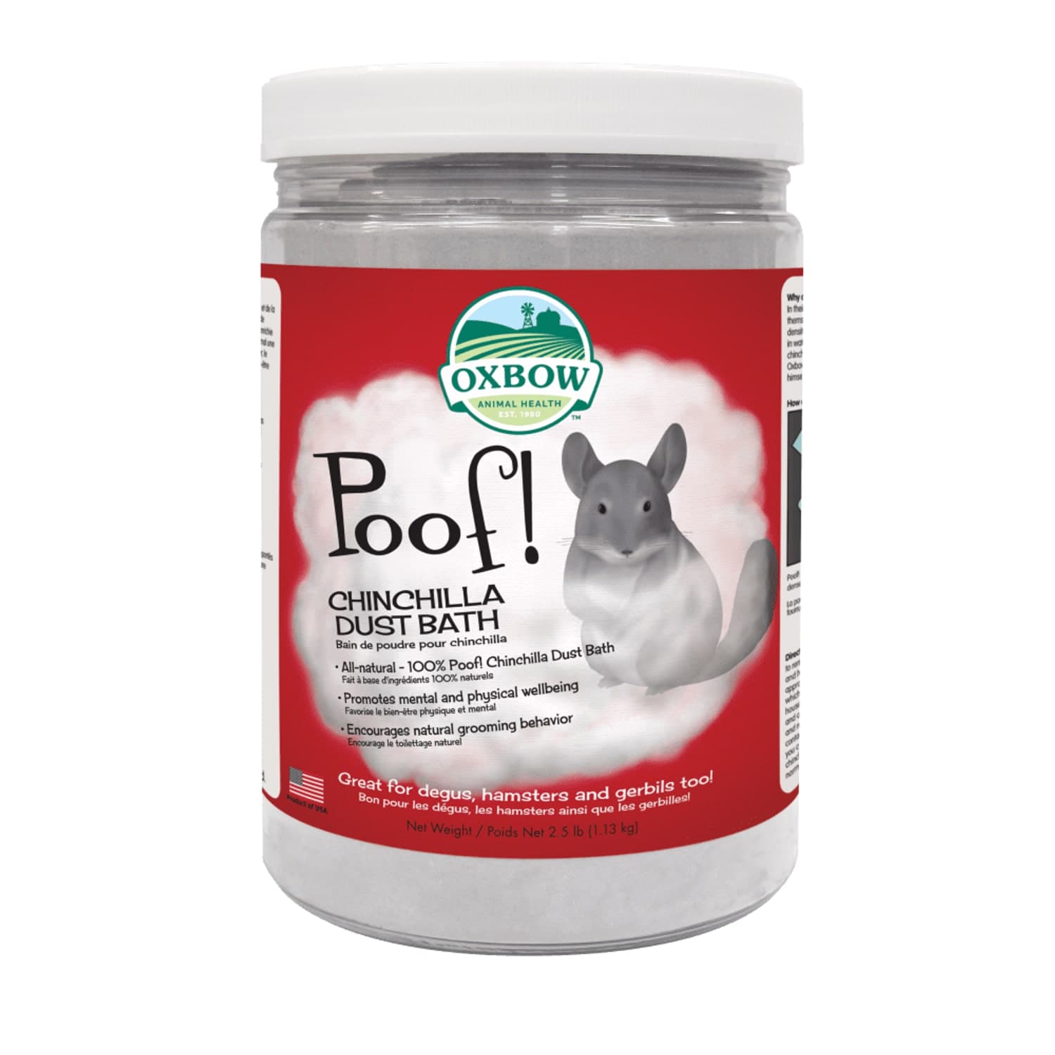 Oxbow POOF chinchilla dust bath in its clear 2.5 pound jar