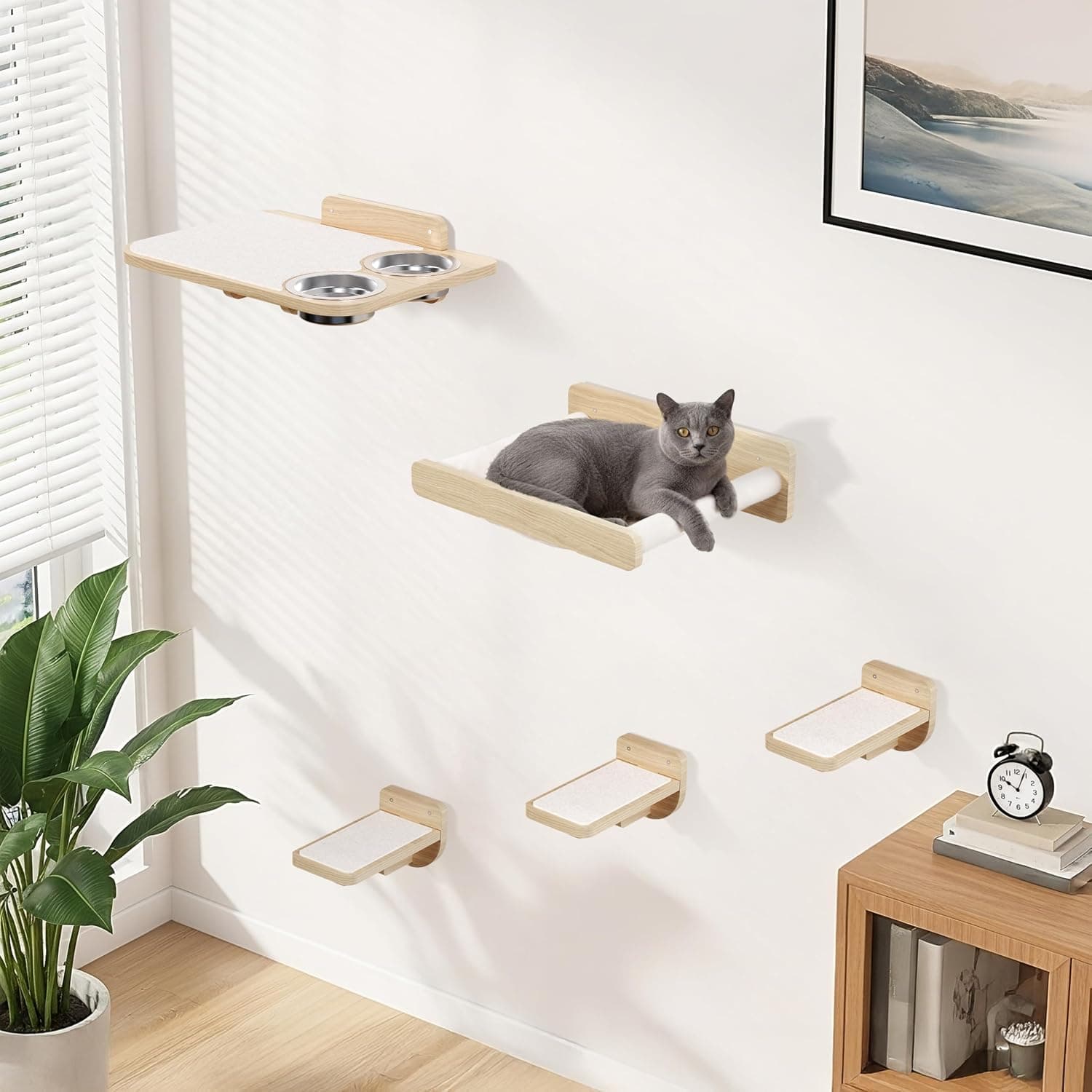 PATHOSIO PETS Space-Saving Cat Wall Shelves, Interactive Cat Wall Climber with Hammock & Feeding Station for Small & Medium Breeds, Solid Wood with Carpet