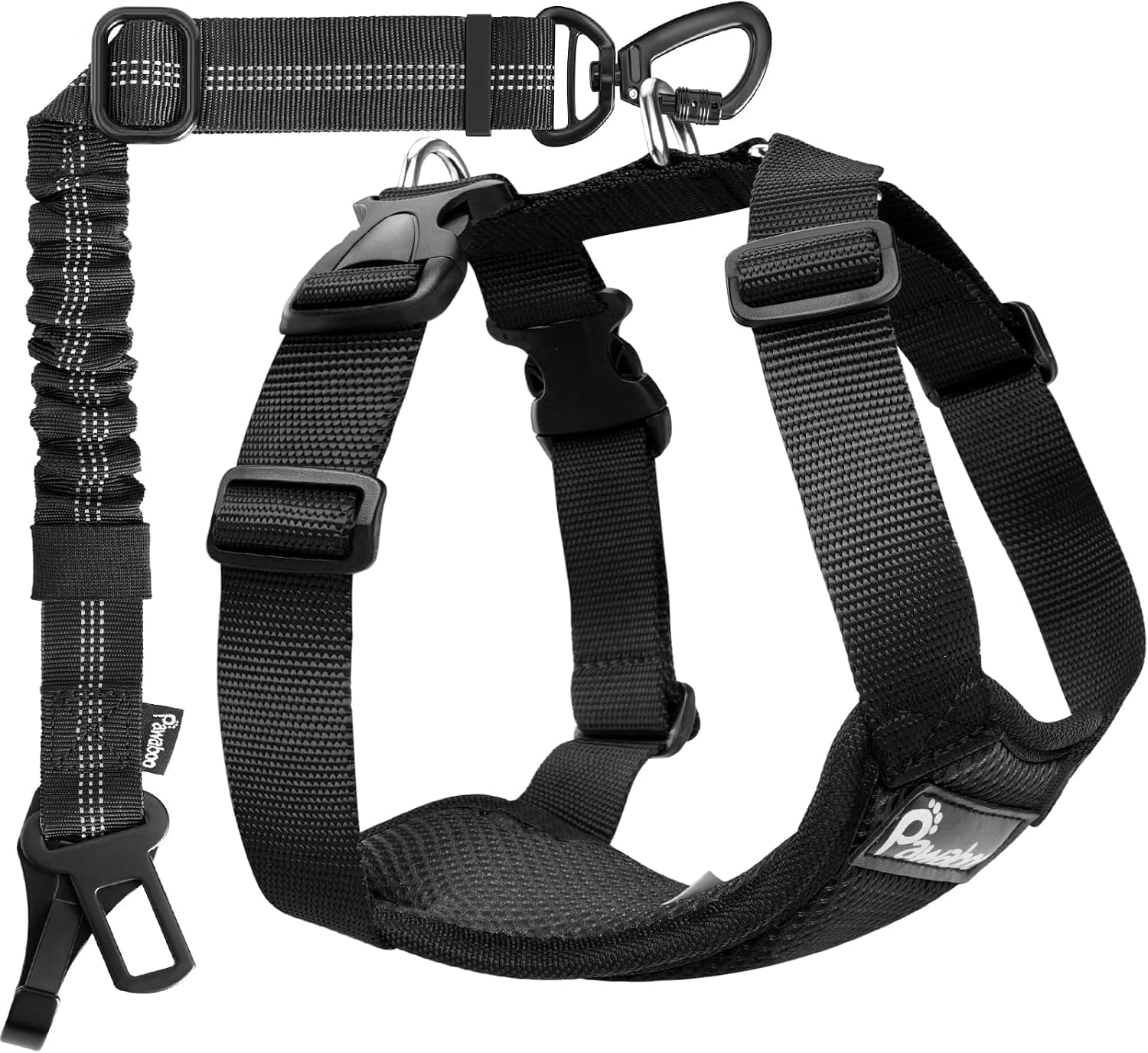 Pawaboo Dog Seat Belt Harness Tether for Car with Double Clips, Adjustable Breathable Safety Tether with Elastic Bungee for Small Medium Large Pets, Black