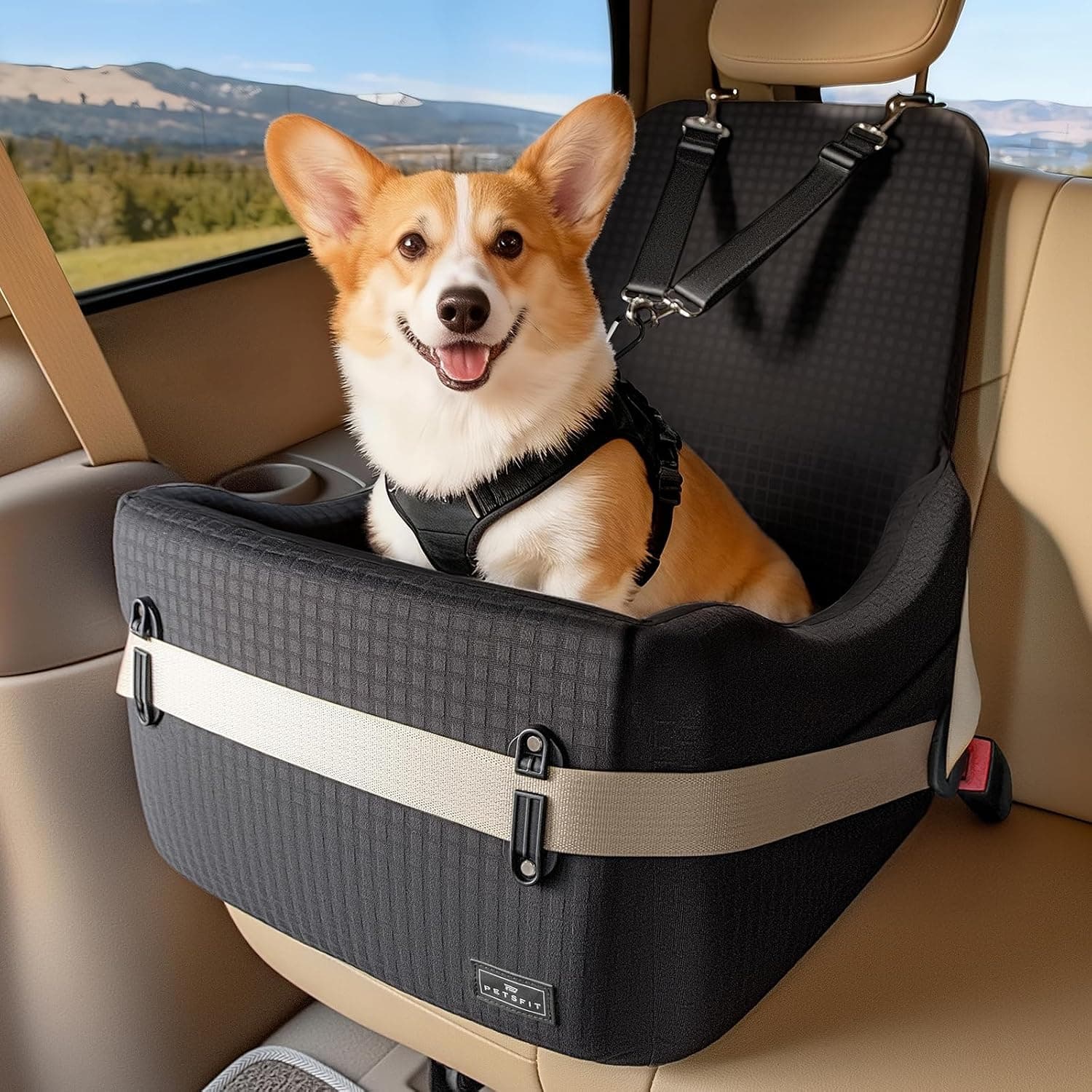 PETSFIT Dog Booster Car Seat for Small to Medium Dogs up to 35 lbs, Memory Foam, Detachable Washable Cover