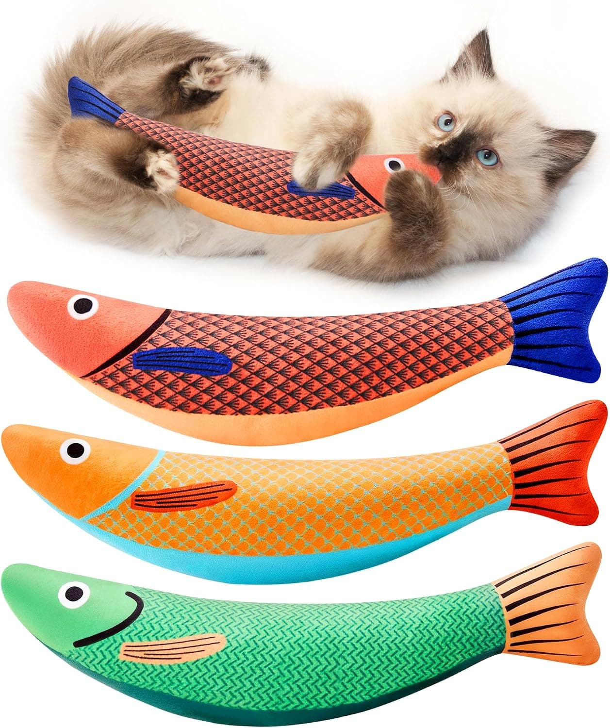 Potaroma Cat Toys Saury Fish, 3 Pack, Catnip Crinkle Sound, Soft and Durable Interactive Kitten Kicker, 9.4 Inches
