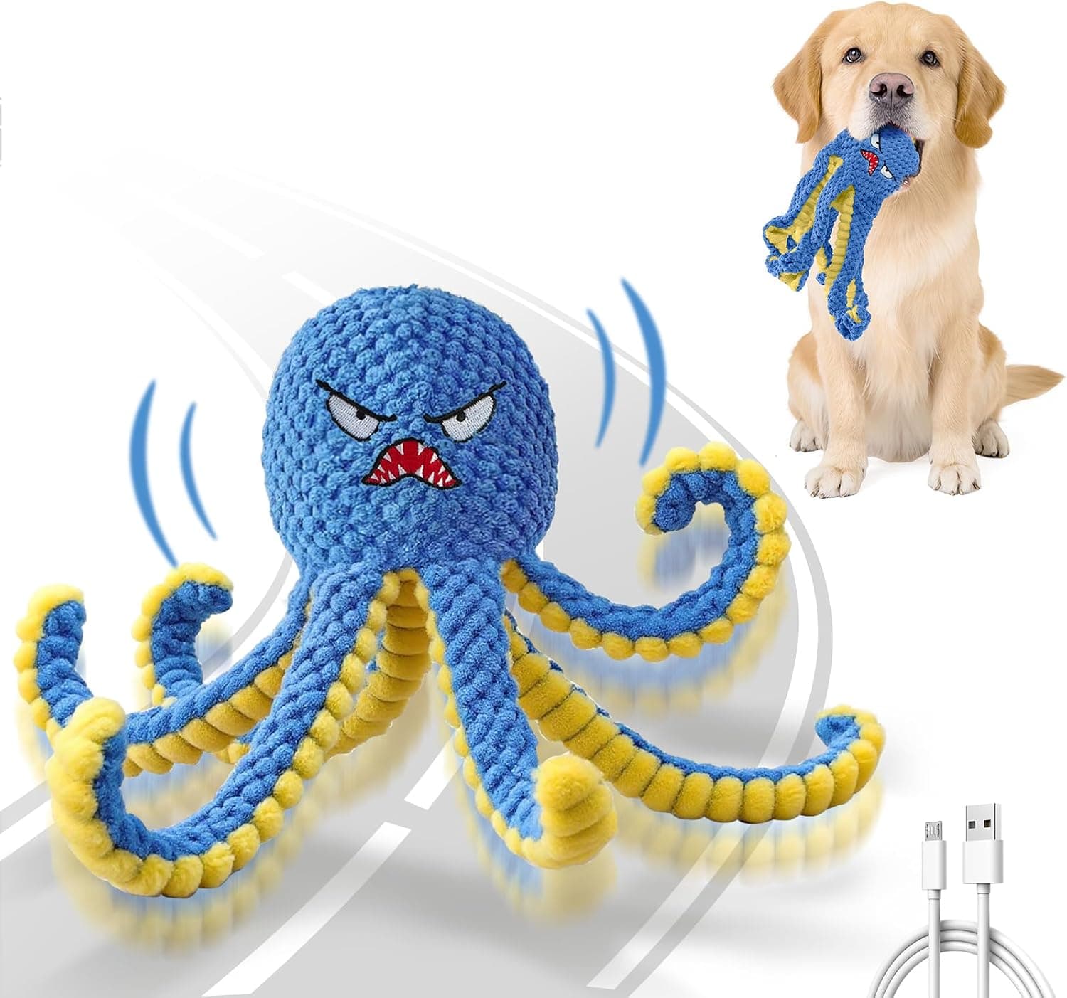 Qraxond Interactive Dog Toy Octopus, Automatic Jumping Squeaky Tug of War Toy, USB Rechargeable