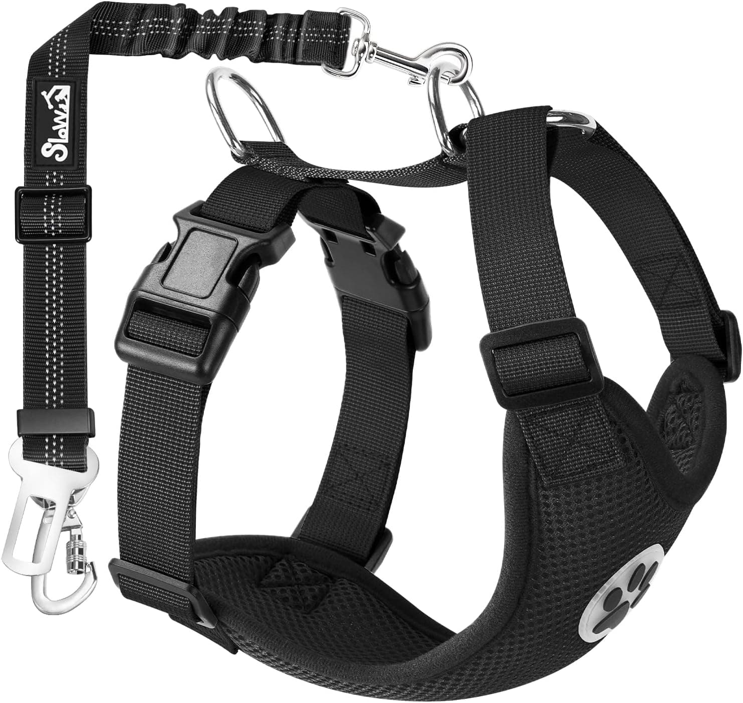 SlowTon Dog Seat Belt Harness for Car, Adjustable Mesh Breathable Vest & Safety Tether with Elastic Bungee for Small Medium Large Pets, Black, Double Clip, M