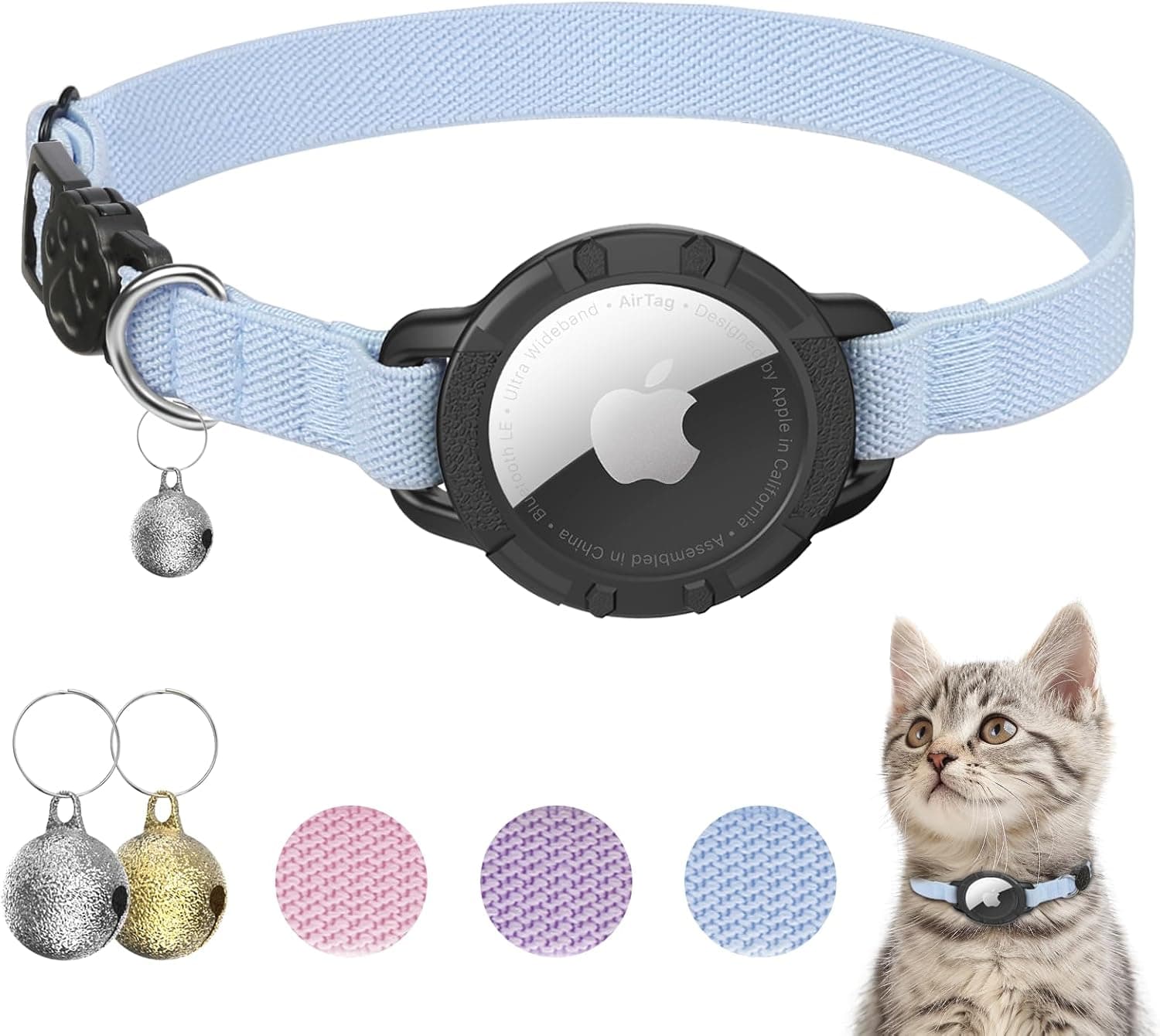 sucegi AirTag Cat Collar, Stretchy Collar with Apple AirTag Holder and Bell, Breakaway Elastic Tracking Collar for Cats and Puppies, 7.5-12.5", Blue