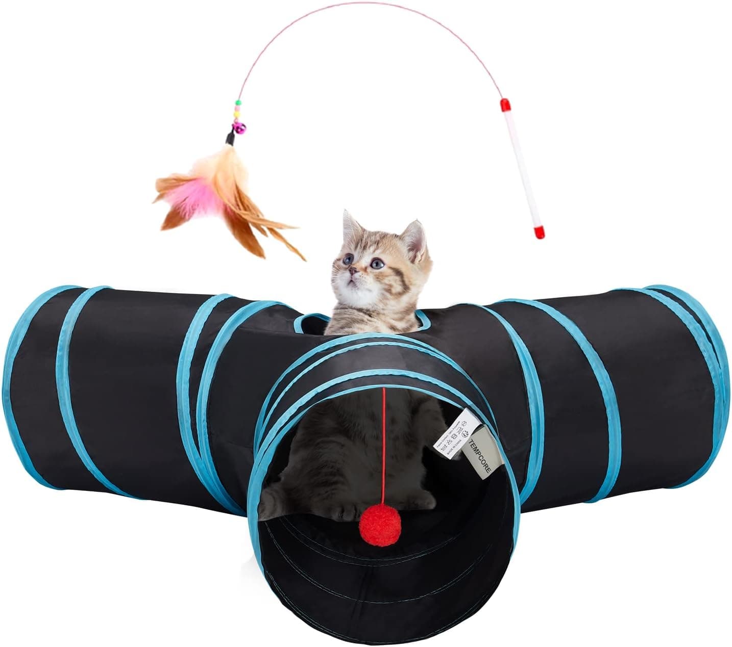 Tempcore Cat Tunnel 3-Way Collapsible Tube with Teaser Wand, Peek Holes and Hanging Ball