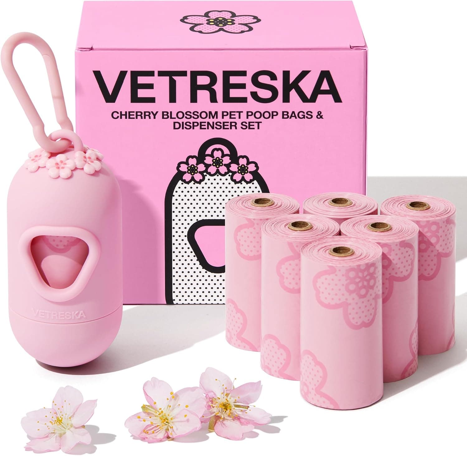 VETRESKA Dog Poop Bag Dispenser with Cherry Blossom Scented Bags, Leak Proof Extra Thick, 1 Holder and 105 Bags