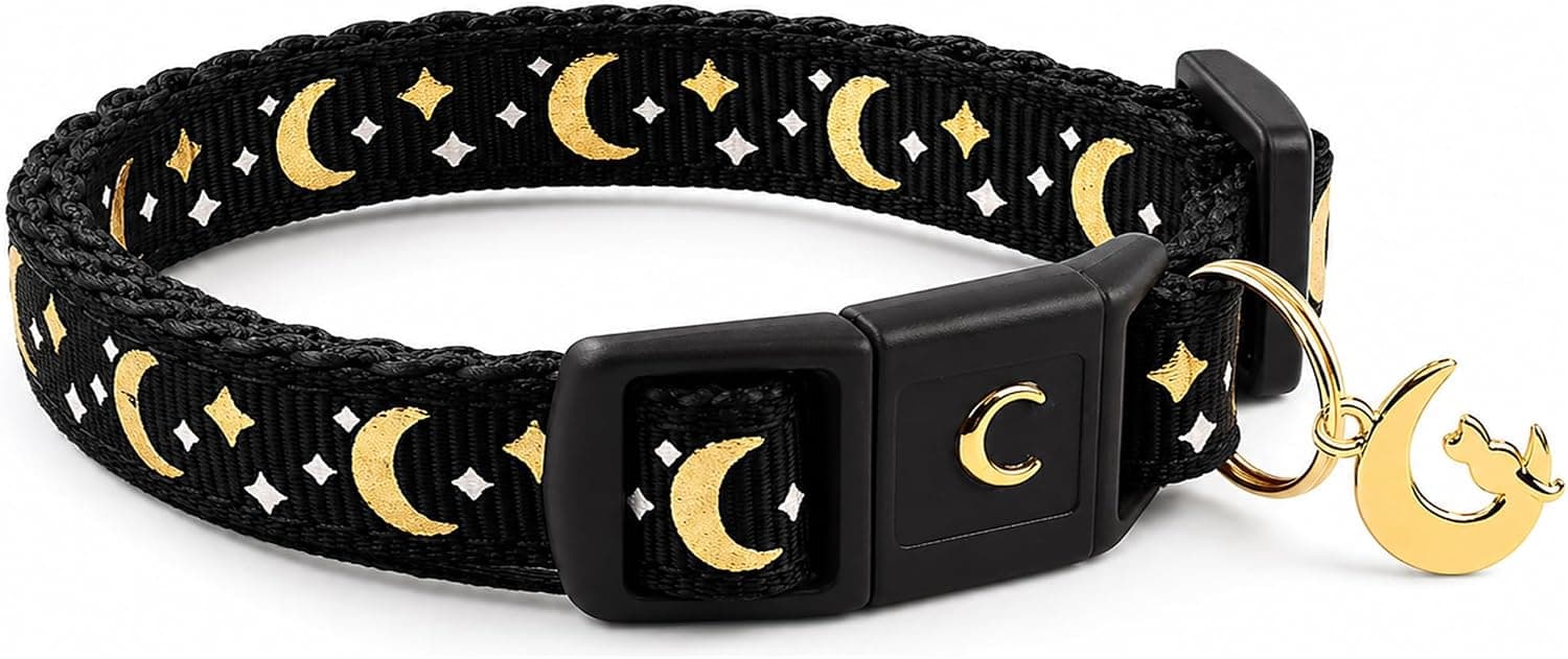 waaag Cat Collar, Gold Moons and Stars, Safety Breakaway Cat Collar with Bell, Glow in the Dark, Standard 9-15" Neck, Black