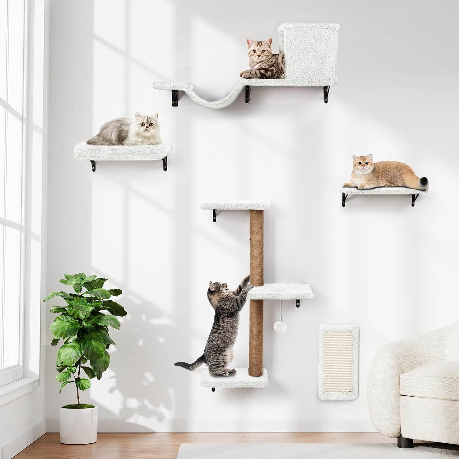 ZLAFM 5-in-1 Cat Wall Shelves, Multi-Level Cat Climbing Furniture, Perch & Lounge for Indoor Cats, Space-Saving Wall Mounted Shelves, Natural Wood